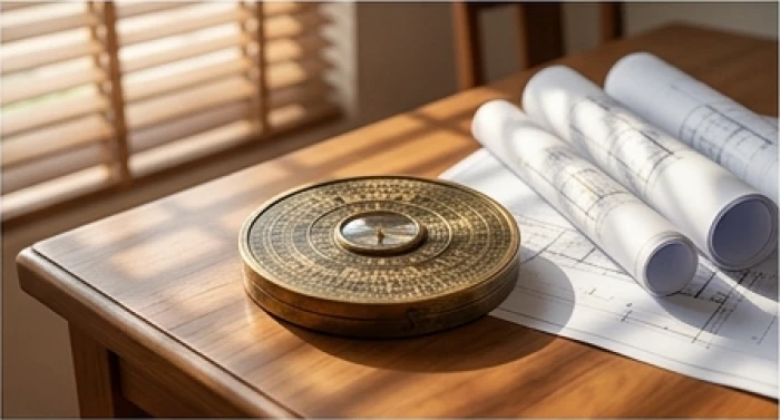 La bàn phong thủy bằng đồng đặt cạnh bản thiết kế định vị cung phi nam mạng Khôn và nữ mạng Tốn