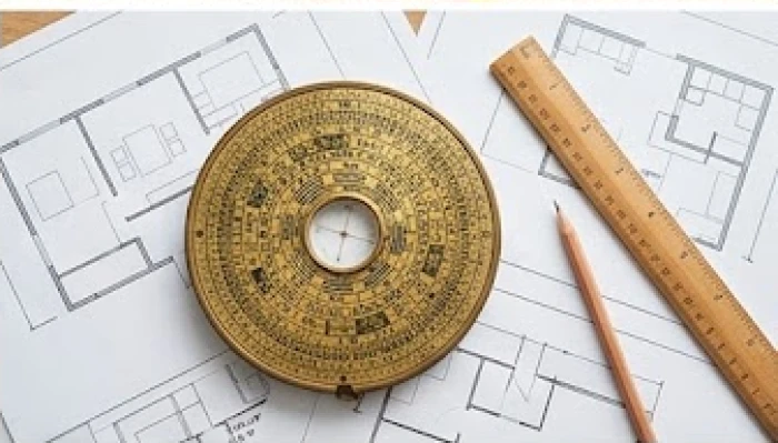 La bàn phong thủy bằng đồng đặt kế bên bản vẽ kiến trúc nhà ở giúp định hướng tốt cho bé