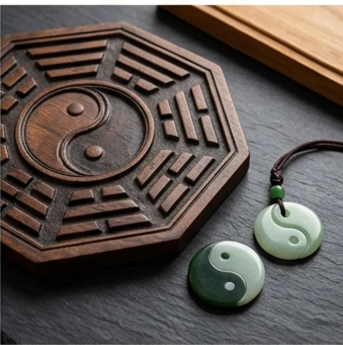 Sơ đồ bát quái đồ khắc trên khối gỗ trầm chia rõ hai hướng quỹ đạo cung phi phân biệt giữa nam và nữ gia chủ