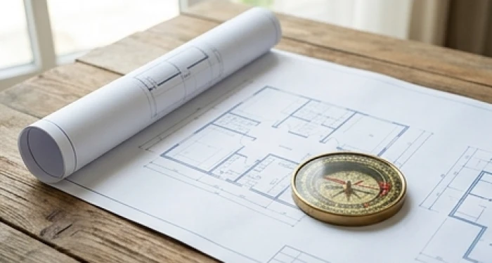 Bản vẽ thiết kế nhà thể hiện sự phân định hai hệ thống la bàn phương hướng bát trạch