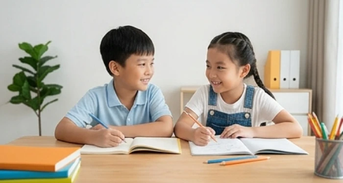 Hai bé trai và bé gái tuổi canh tý đang vui vẻ ngồi học bài cùng các bạn hợp tuổi trong phòng học sáng sủa