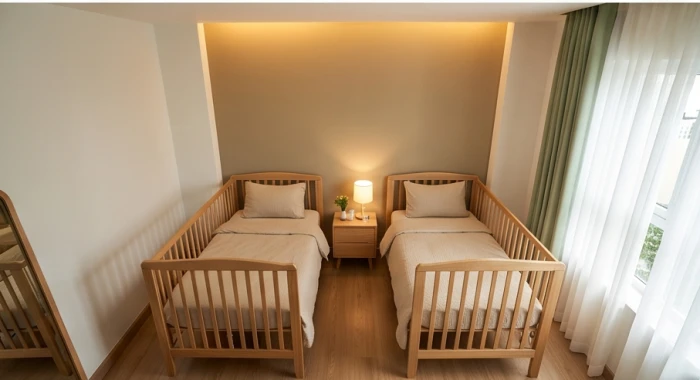 Phòng ngủ đôi được sắp xếp đồng nhất hướng Đông cho bé trai và bé gái tuổi giáp thìn 2024 cực kỳ thoáng đãng