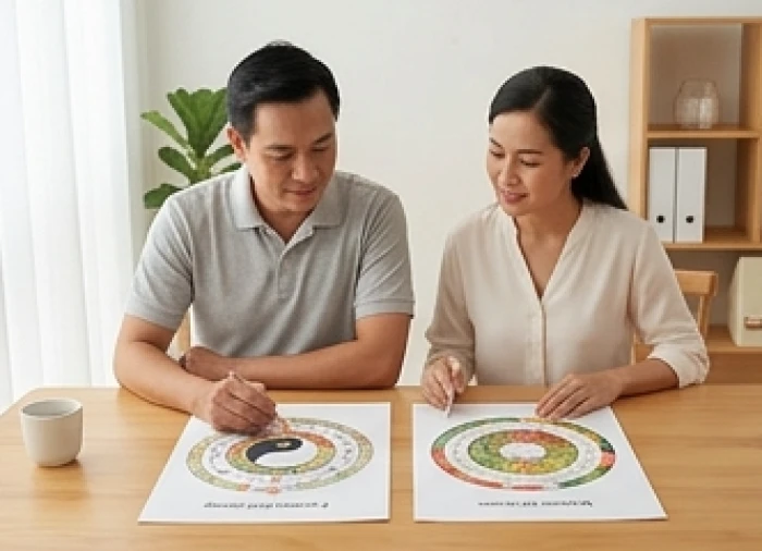 Sơ đồ phân chia Đông Tứ Mệnh và Tây Tứ Mệnh trên bàn giấy làm việc cho hai vợ chồng cùng tuổi Canh Tý