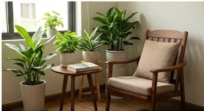 Góc làm việc nhỏ tĩnh lặng với mảng xanh cây cối đại diện cho quẻ Tốn hành Mộc của nữ mạng sinh năm 1971