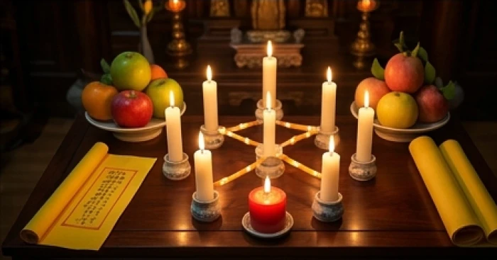 Bảy ngọn nến được sắp xếp cẩn thận theo sơ đồ chòm sao Thái Âm trong nghi thức dâng sao