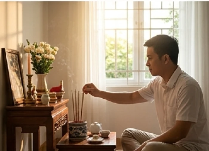 Khung cảnh thanh tịnh buổi sáng sớm khi người nhà thắp hương cúng sao Mộc Đức hướng về phương Đông