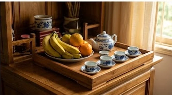 Mâm lễ cúng sao giải hạn tinh gọn với trái cây và trà nước được chuẩn bị chu đáo trên ban thờ gia tiên