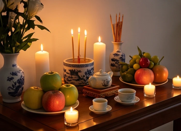 Mâm lễ vật trang nhã cùng sơ đồ nến thắp sáng cúng giải sao hạn tại nhà cho tuổi giáp dần 1974