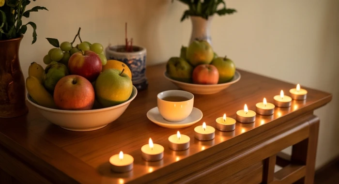 Mâm lễ cúng sao tĩnh tại với hoa quả tươi, trà thanh tịnh và bảy ngọn nến nhỏ xếp cẩn thận trên bàn thờ