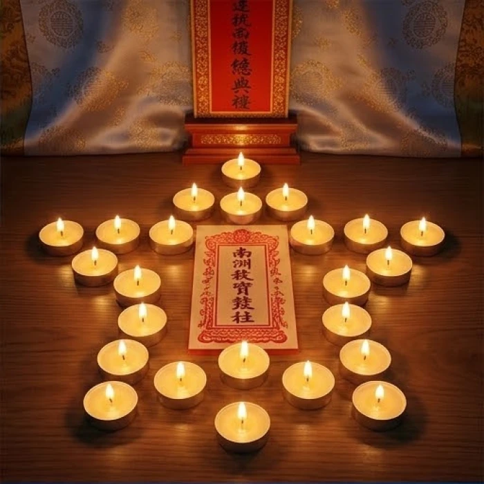 Mâm lễ cúng sao giải hạn với mười lăm ngọn nến được sắp xếp cẩn thận cùng bài vị màu đỏ theo phong tục truyền thống