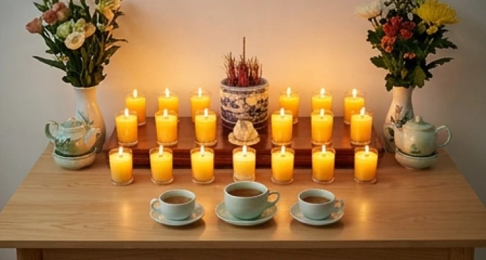 Bàn lễ cúng sao Kế Đô trang nghiêm với 21 ngọn nến và bài vị màu vàng chuẩn bị cho nam Giáp Tý năm 2026