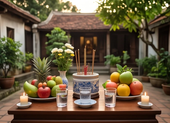 Mâm cúng trà quả hoa tươi ngoài trời buổi chiều trang trọng giúp gia chủ an tâm giải hạn sao Kế Đô