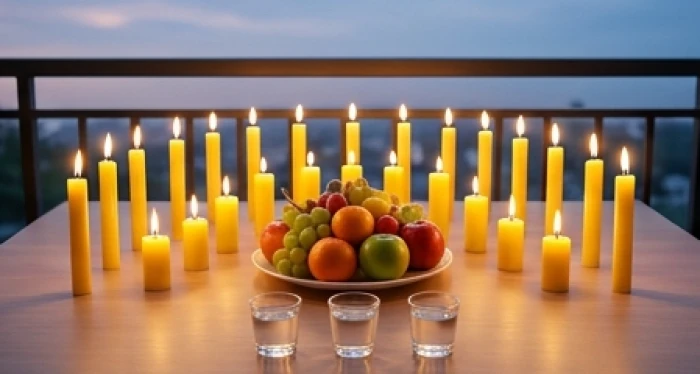 Mâm lễ cúng sao Kế Đô với 21 ngọn nến vàng và hoa quả tươi đặt hướng Tây trang trọng ngoài ban công