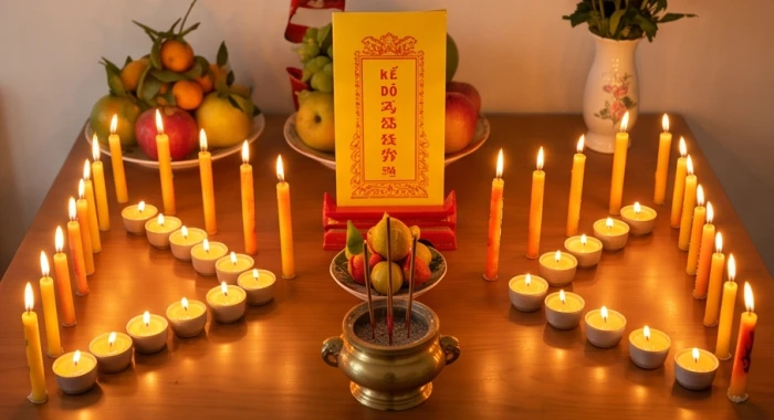 Mâm cúng sao Kế Đô với 21 ngọn nến xếp hình chữ chi cùng bài vị màu vàng và lễ vật hoa quả thanh tịnh