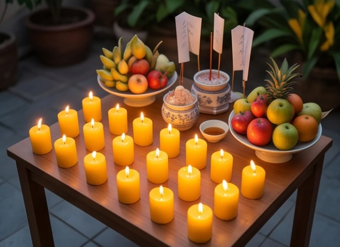 Bàn lễ cúng sao Kế Đô với hai mươi mốt ngọn nến vàng xếp ngay ngắn theo sơ đồ hướng chính Tây