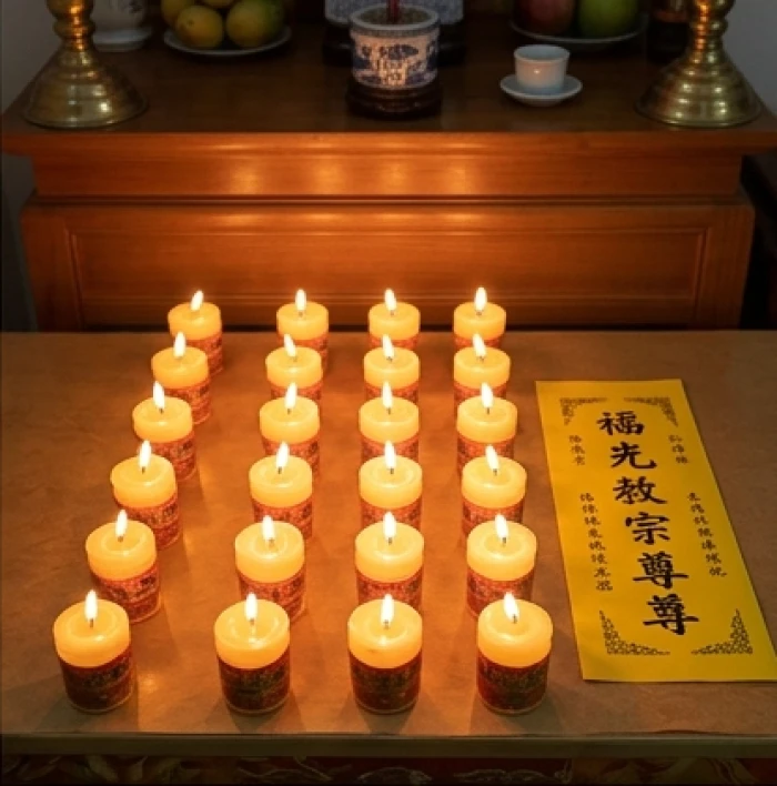 Hai mươi mốt ngọn nến vàng rực cháy lung linh cạnh bài vị cúng sao Kế Đô được chuẩn bị chu đáo cho cụ bà