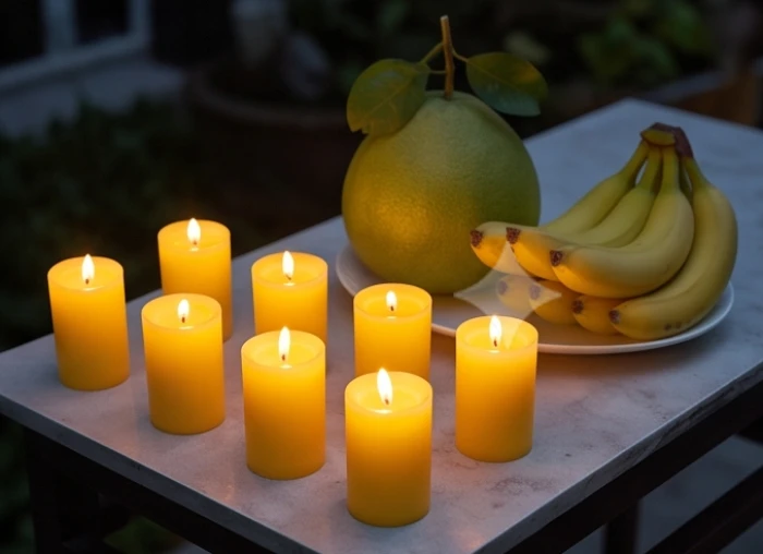 Sắp xếp 9 ngọn nến thành ba hàng trên mâm cúng giải hạn sao La Hầu hướng chính Bắc