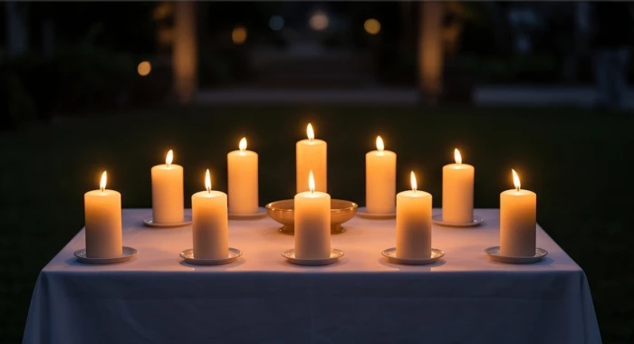 Chín ngọn nến sáng lung linh được xếp thẳng hàng trên ban thờ ngoài trời hướng về phía Bắc