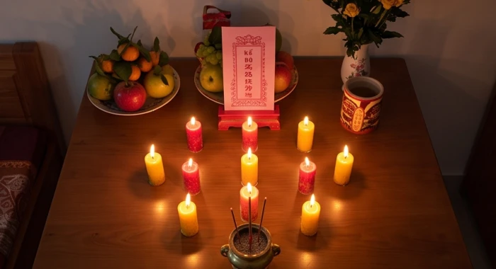 Mâm cúng sao La Hầu với 9 ngọn nến được sắp xếp cẩn thận cùng bài vị màu đỏ hướng về phía Bắc trang nghiêm