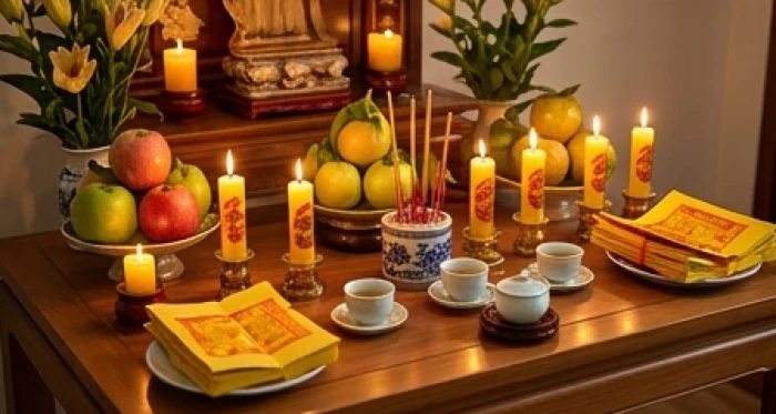 Hương án cúng sao La Hầu bài trí 9 ngọn nến cùng bài vị giấy vàng hướng Bắc cho nam mạng tuổi Mậu Tý năm 2026