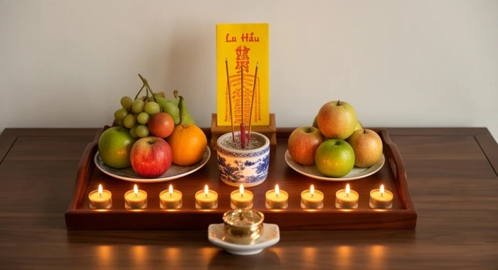 Mâm lễ cúng sao La Hầu đơn giản tại nhà với bài vị vàng và 9 ngọn nến được sắp xếp gọn gàng trang trọng