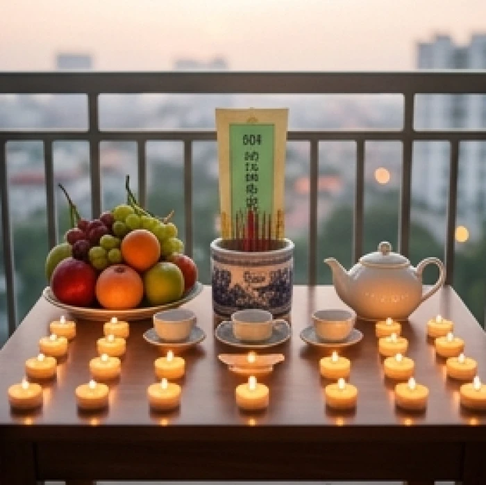 Bàn khấn cúng sao Mộc Đức với bài vị giấy màu xanh lá nguyên bản cùng nến và hoa tươi