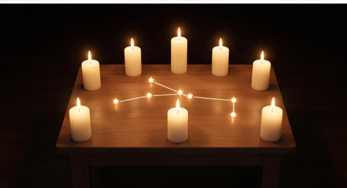 Bảy ngọn nến lung linh được xếp theo đồ hình sao Thái Âm trên chiếc bàn gỗ hướng về phía chính Tây