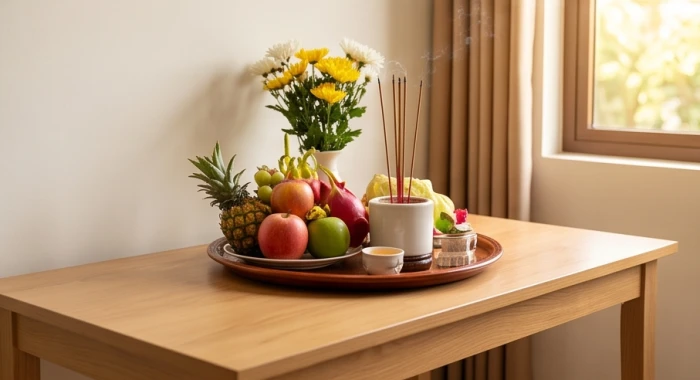Mâm lễ cúng sao giải hạn được bày biện trang nghiêm tại không gian thanh tịnh của gia đình