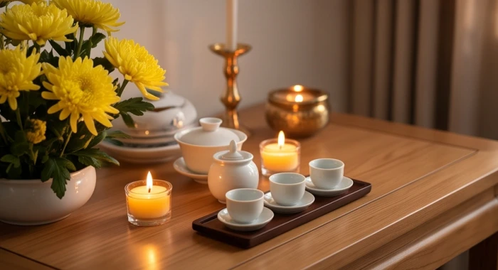 Mâm cúng sao Thái Âm trang trọng với hoa tươi và đèn cầy được bài trí trang nghiêm hướng về phương Tây