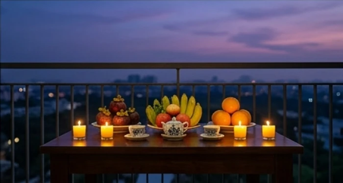 Bàn cúng sao thái âm với ngọn nến vàng và hoa quả tươi đặt hướng Tây ngoài ban công
