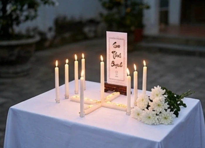 Nghi thức cúng sao thái bạch với 8 ngọn nến xếp hình chữ thập cùng bài vị trắng ngoài trời cho nữ mạng