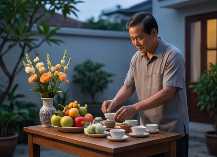 Bàn cúng ngoài trời chuẩn bị cho nghi lễ dâng sao giải hạn Thái Bạch hướng về phía chính Tây