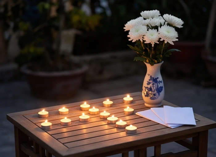 Tám ngọn nến lung linh cùng hoa cúc trắng bày biện trang nghiêm trên bàn lễ