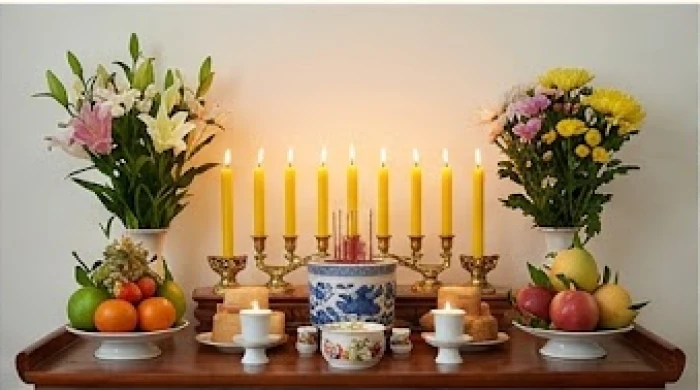 Mâm lễ cúng sao Thái Dương tại gia với nến vàng và hoa quả chuẩn bị trang trọng hướng về phía Đông