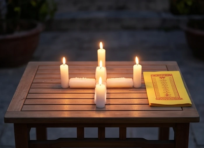 Năm ngọn nến thắp sáng được xếp thành hình chữ thập trên mâm lễ cúng sao Thổ Tú