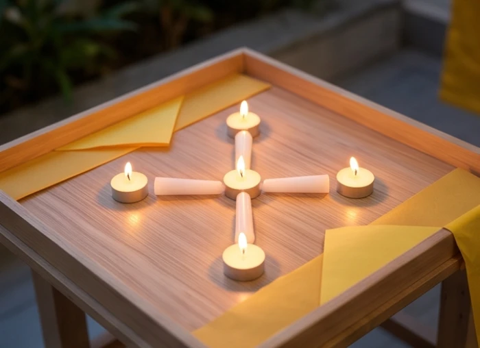 Năm ngọn nến được sắp xếp chuẩn sơ đồ hình chữ thập trên bàn lễ hướng chính Tây trong nghi thức cúng sao Thổ Tú