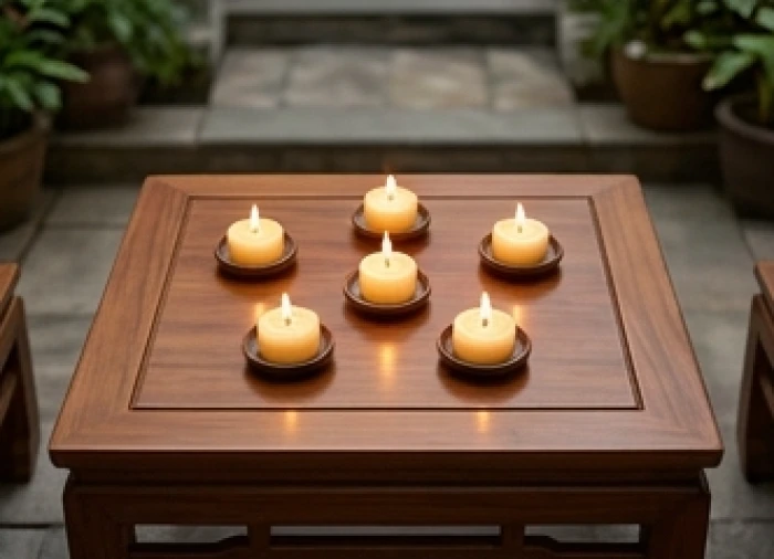 Mâm cúng gọn gàng với 5 ngọn nến xếp chuẩn sơ đồ cúng giải hạn sao Thổ Tú cho nữ giới Bính Dần
