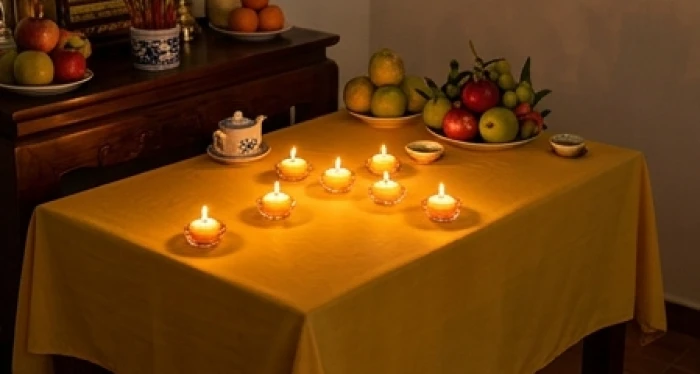 Bàn lễ phủ khăn vàng với 5 ngọn nến xếp hình chữ thập trang nghiêm chuẩn bị cúng sao giải hạn cho tuổi tân sửu 1961
