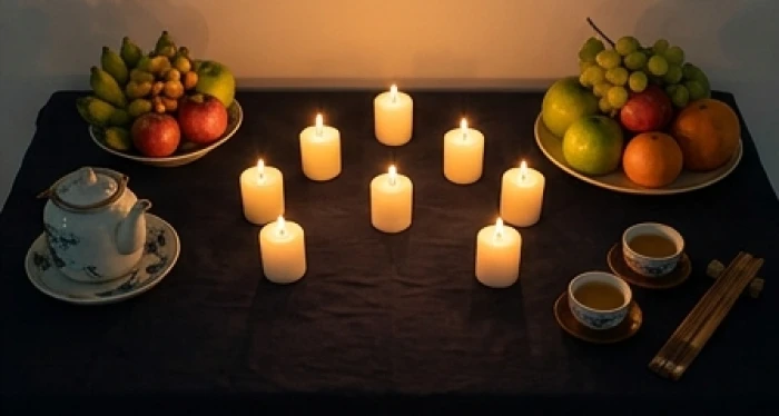 Bàn hương án cúng sao Thủy Diệu với 7 ngọn nến lung linh được sắp xếp chuẩn sơ đồ chòm sao hướng về phía Bắc