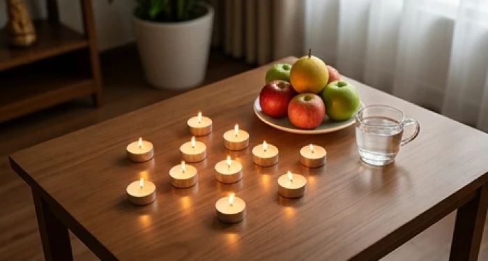 Mâm cúng sao Thủy Diệu đơn giản tại gia với bảy ngọn nến hướng về phương Bắc để cầu bình an tài lộc năm 2026
