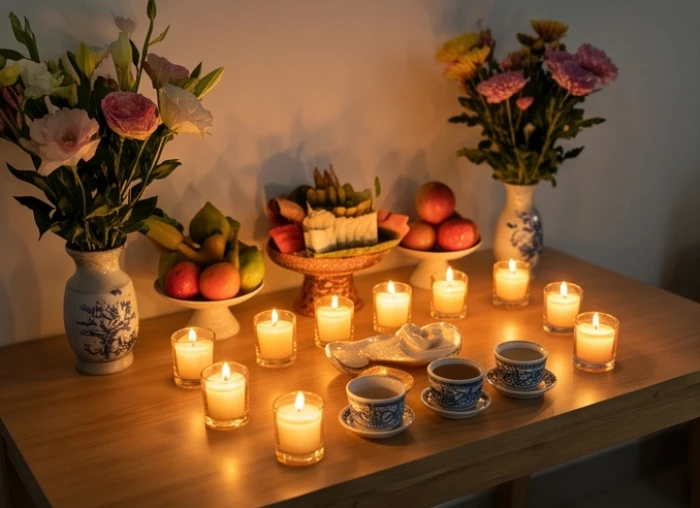 Sắp xếp 7 ngọn nến trang trọng trên mâm cúng sao Thủy Diệu hướng Bắc cho nữ mạng tuổi Bính Tý 1996
