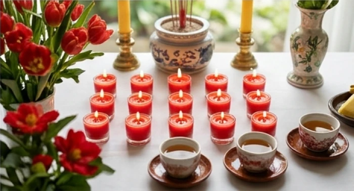 Bàn lễ dâng sao giải hạn Vân Hớn với mười lăm ngọn nến đỏ và hoa quả tươi được xếp đặt theo đúng phương hướng