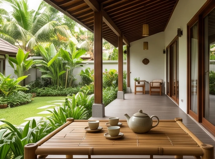 Khu vực hiên nhà thông thoáng với cây xanh bao quanh đón nhận nguồn năng lượng dương từ hướng Sinh Khí và Thiên Y