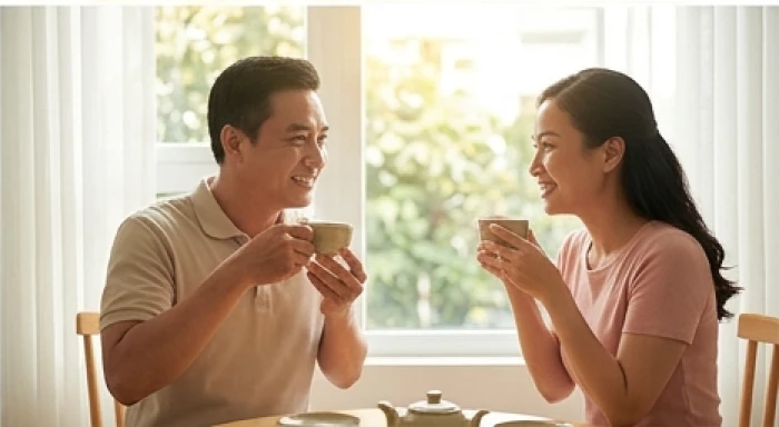 Đôi vợ chồng hạnh phúc cùng uống trà và chia sẻ niềm vui thành công trong công việc bên ô cửa sổ đầy nắng