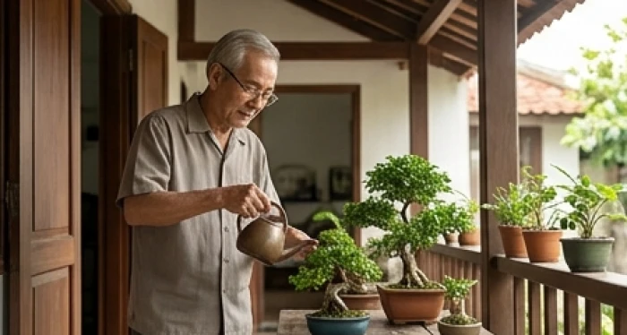 Cụ ông thong thả chăm sóc những chậu cây bonsai nhỏ ngoài hiên nhà tận hưởng khoảng thời gian hưu trí bình yên