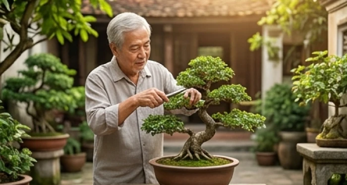 Cụ ông tuổi Đinh Hợi thư thái chăm sóc bonsai trong sân vườn truyền thống thể hiện cuộc sống hậu vận an nhàn
