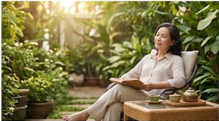Người phụ nữ trung niên tuổi ất mão 1975 an nhàn đọc sách trong sân vườn xanh mát thảnh thơi hậu vận