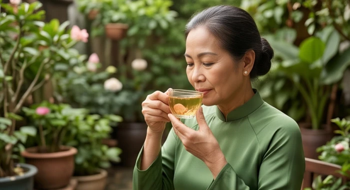 Người phụ nữ lớn tuổi đang thưởng thức trà sen trong khu vườn xanh mát thể hiện sự an nhàn tuổi xế chiều