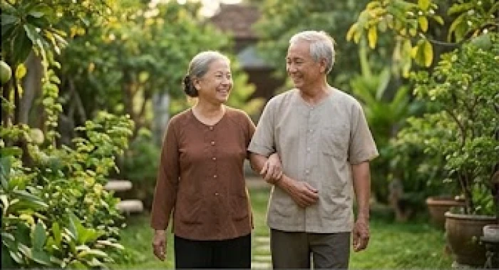 Hai người lớn tuổi đang mỉm cười dạo bước trong khu vườn ngập tràn ánh nắng buổi sớm
