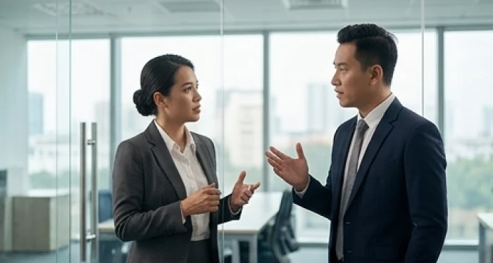 Hai đồng nghiệp đang trao đổi căng thẳng với nét mặt nghiêm túc trong phòng họp kính công ty tại Việt Nam